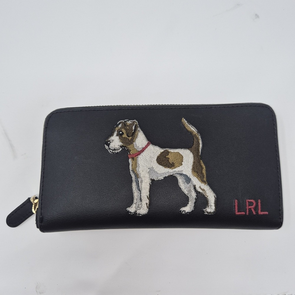 Lauren Ralph Lauren LRL Black Leather Zip Around Wallet Embroidered Dog